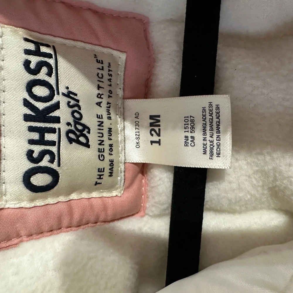 OshKosh B'gosh Baby Girls Quilted Hooded Parka Jacket Pink Size 12M‎ Faux Fur